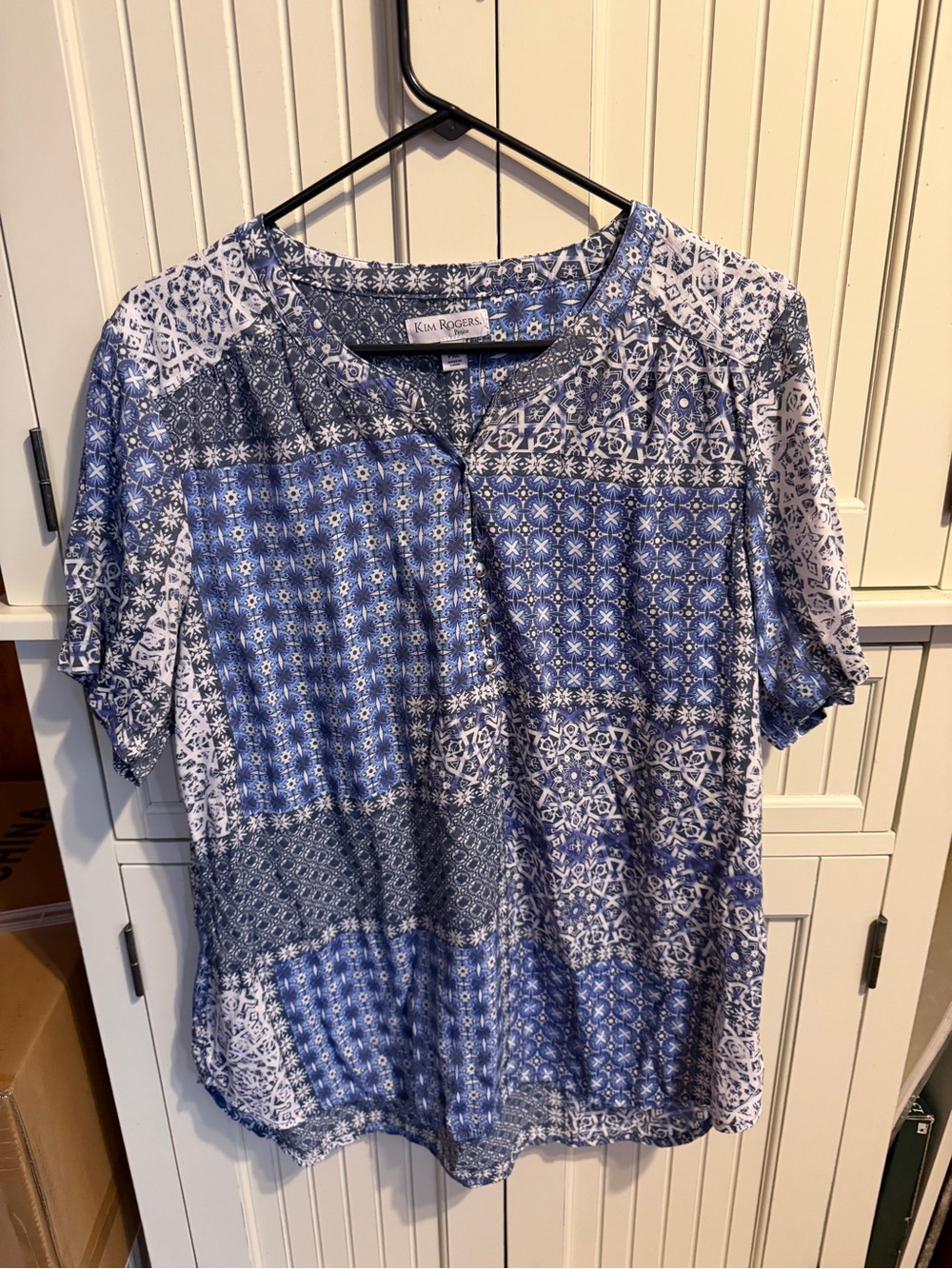 Kim Rogers Blue and White Patchwork-Print Short Sleeve Blouse